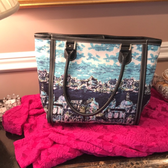 Talbots tote leather trim navy Scene print w/aqua - Picture 4 of 8